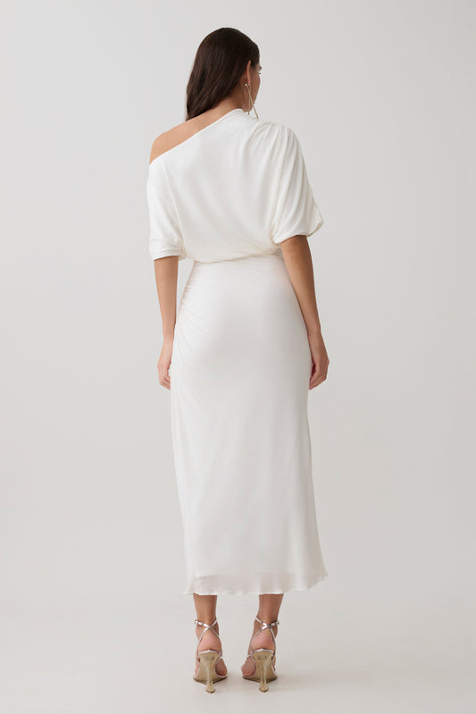 Alva Wool Lyocell Draped Midi Dress - White